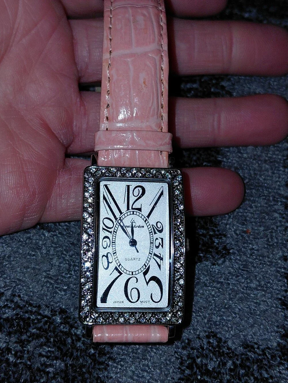 Louis Arden Pink Crystal Tank Watch Art Deco Y2K Rhinestone Croc Strap CC